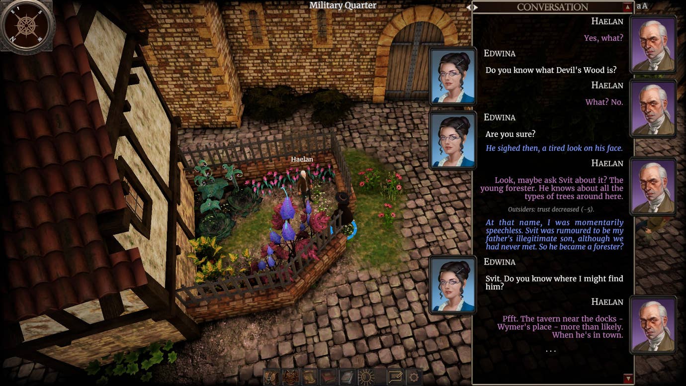 A conversation between the main character and a local herbalist in The Necromancer's Tale. The necromancer is trying to figure out the location of a certain tree.